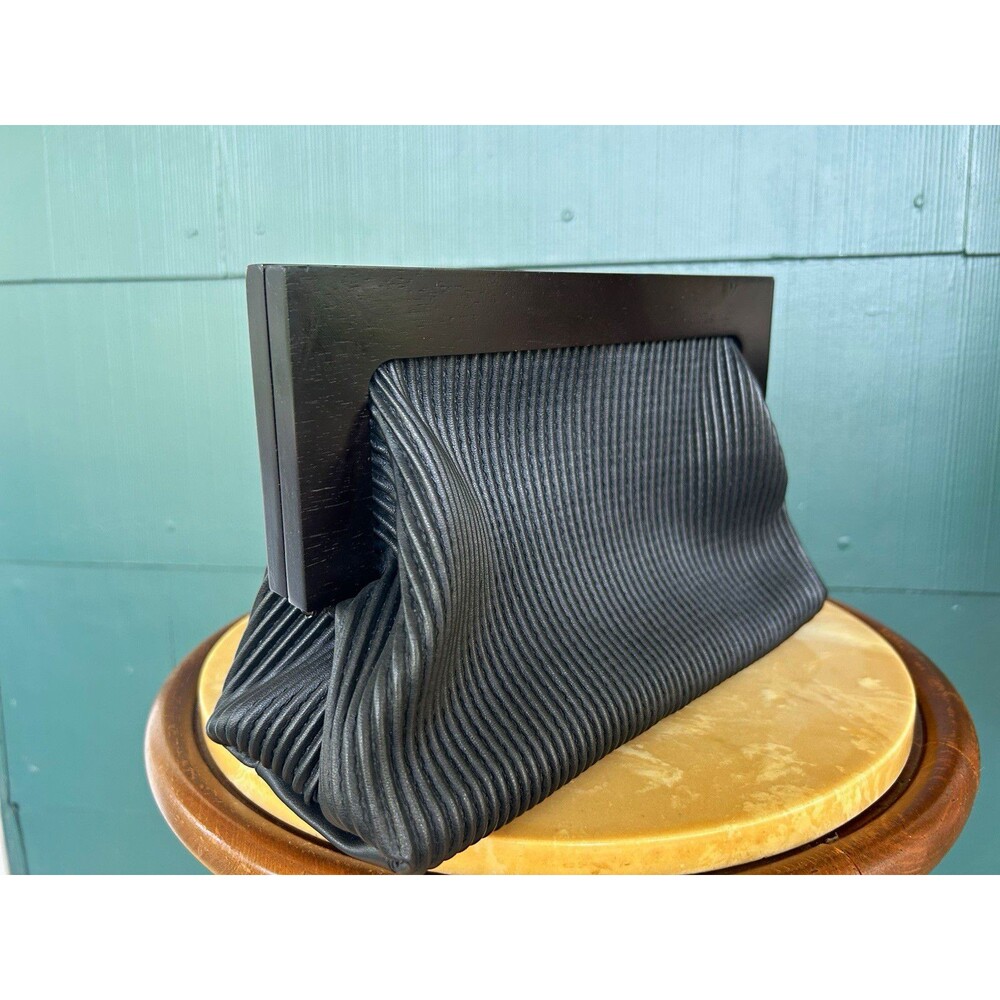 Anthropologie Black Pleated Vegan Leather Clutch Frame Wood Handle Pouch Bag